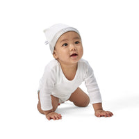 Baby boy wearing BeddyByes Silver Grey Silk Cotton Baby Hat