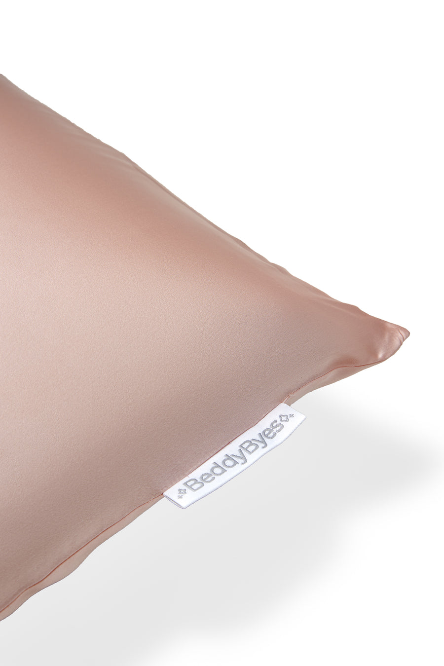 beddybyes blush pink Silk Queen Pillowcase logo label
